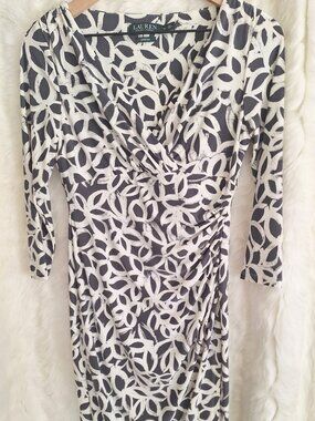 NWOT RALPH LAUREN BLUE WHITE DRESS , 4P faux Wrap, Work, casual, Cocktails